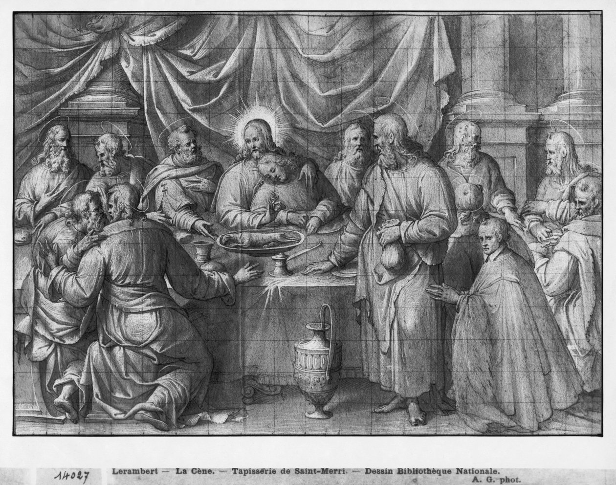 Life of Christ, the Last Supper, forberedende studie av billedvev tegneserie for Church Saint-Merri i Paris, ca. 1585-90 (pierre noire und wash und white highlights on paper) av Henri Lerambert