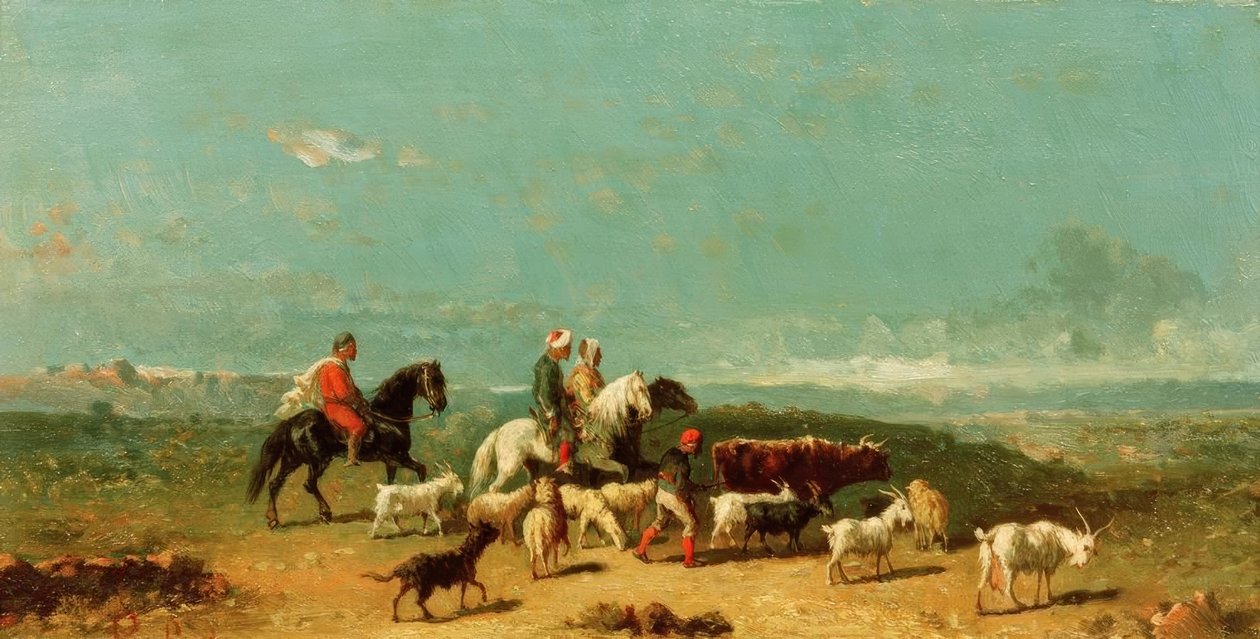 Arabisk gruppe ryttere med en geitegjeter i brede Lan av Henri Lucien Robert