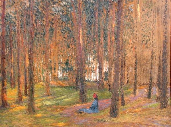 A Walker Sitting in the Woods, ca. 1890 (olje om bord) av Henri Martin