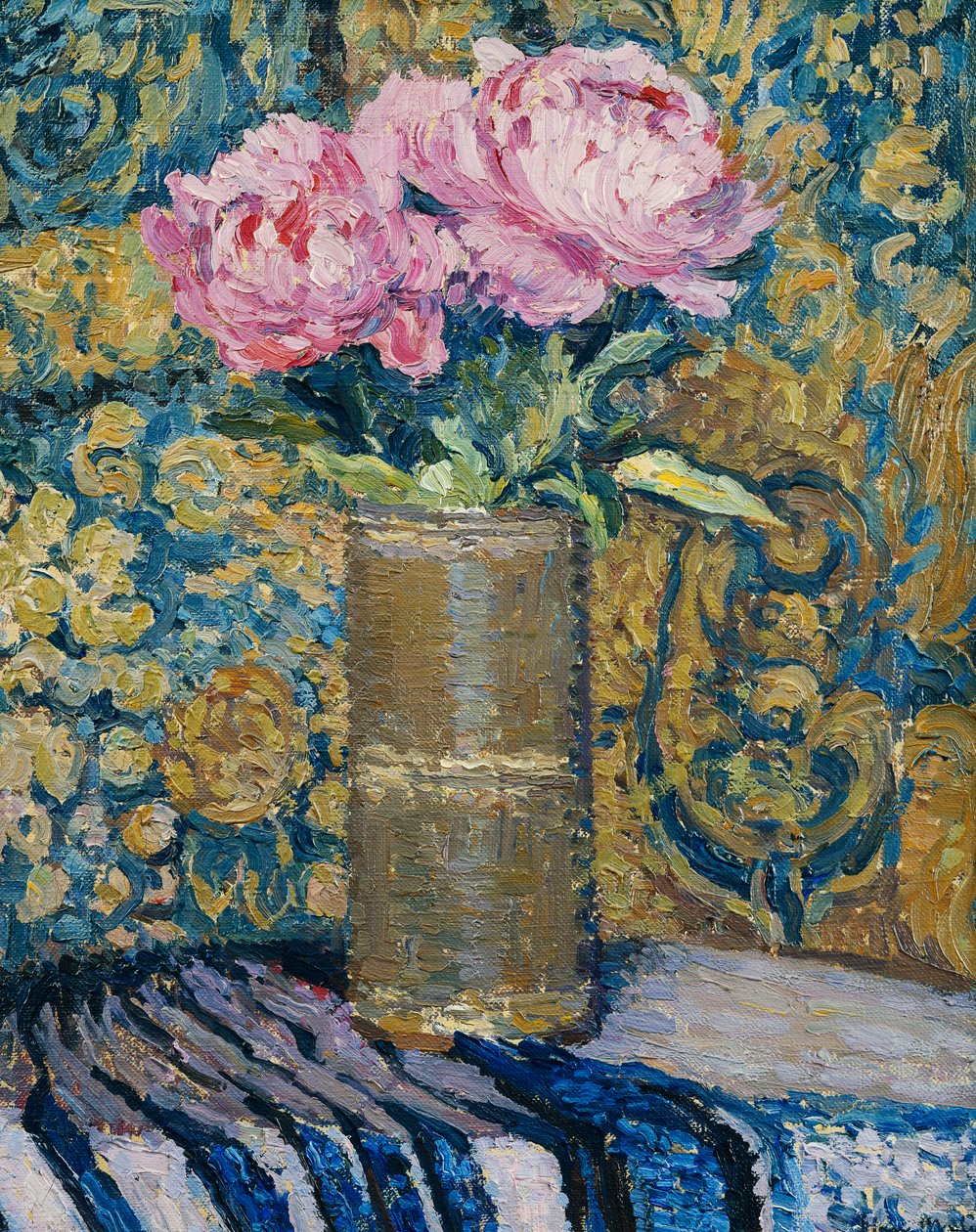 Bukett av peoner; Buketten med peoner, av Henri Martin
