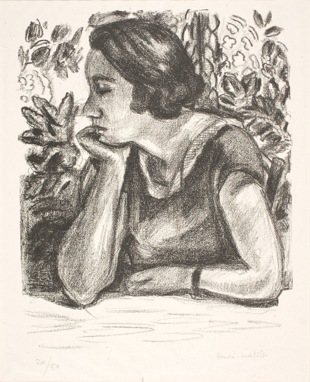 Brystbilde av en dame med haken hvilende på høyre hånd av Henri Matisse
