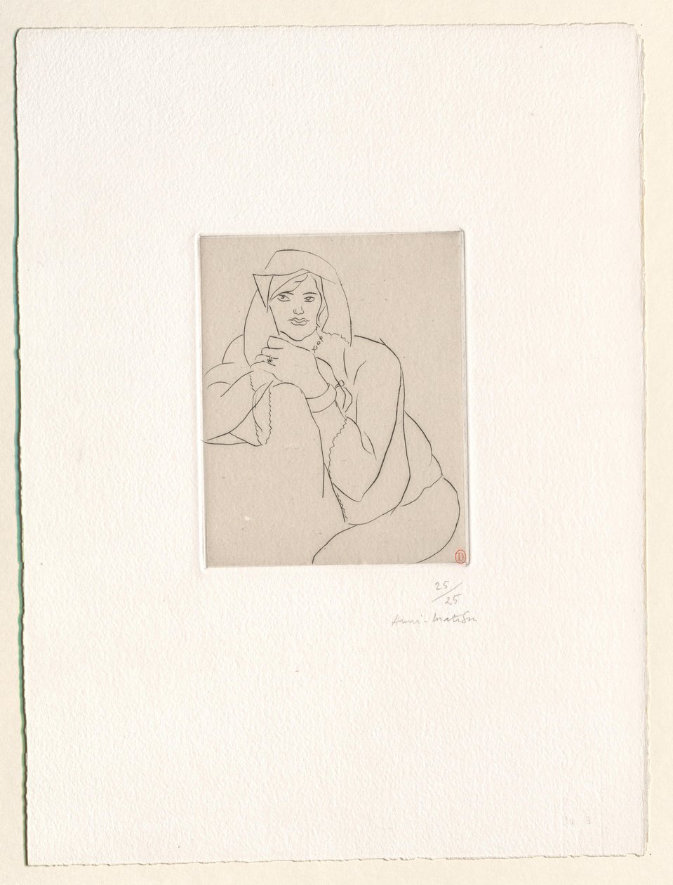 Ung kvinne med hendene foldet på ryggen av et møbel av Henri Matisse