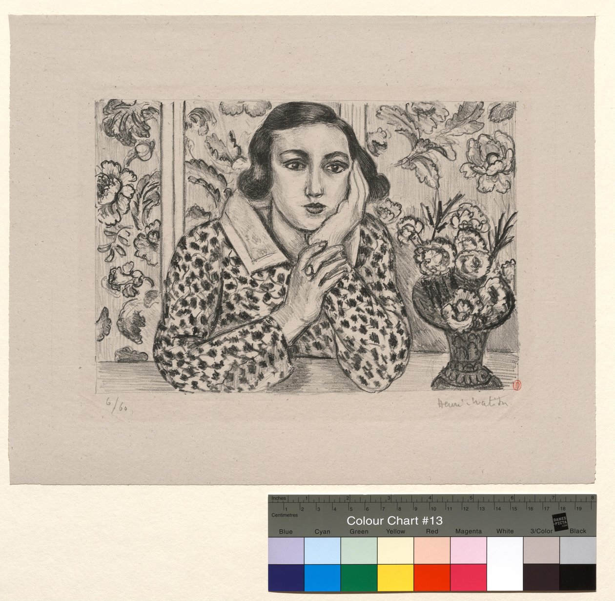 Ung jente som lener seg mot skjermen: ung jente med en blomsterbukett av Henri Matisse