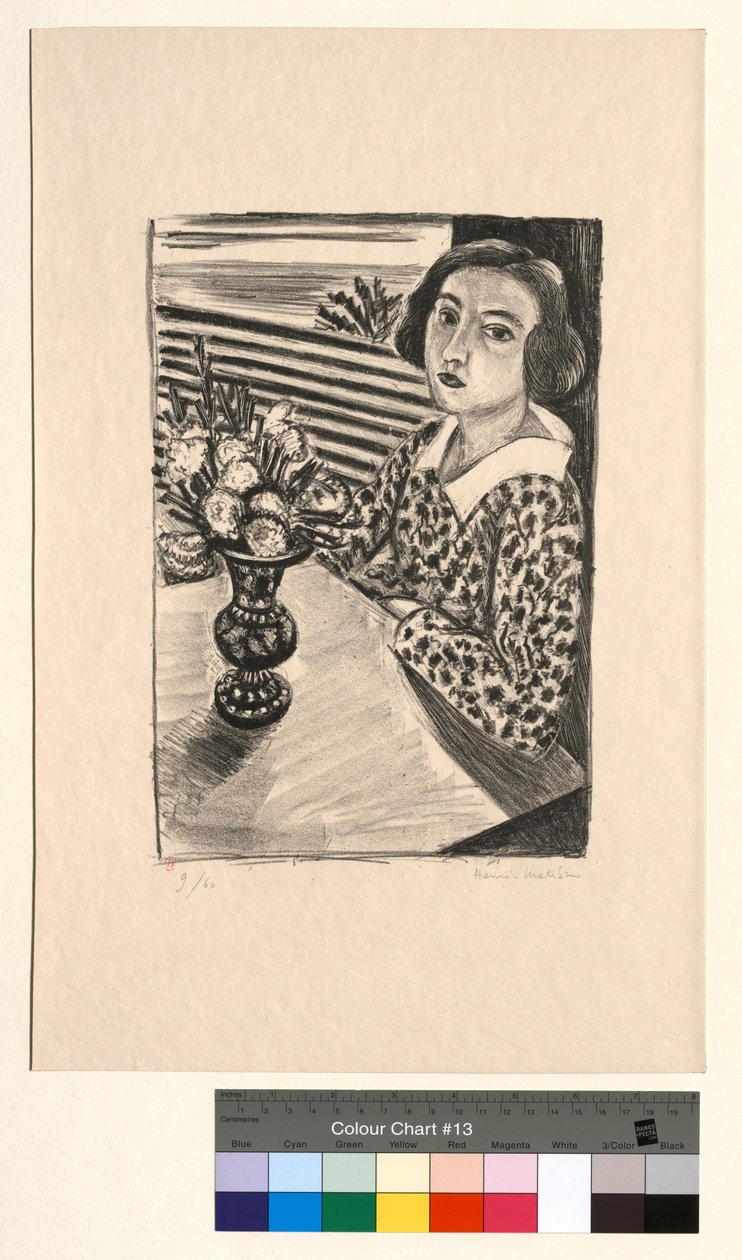 Sittende ung jente med en blomsterbukett av Henri Matisse