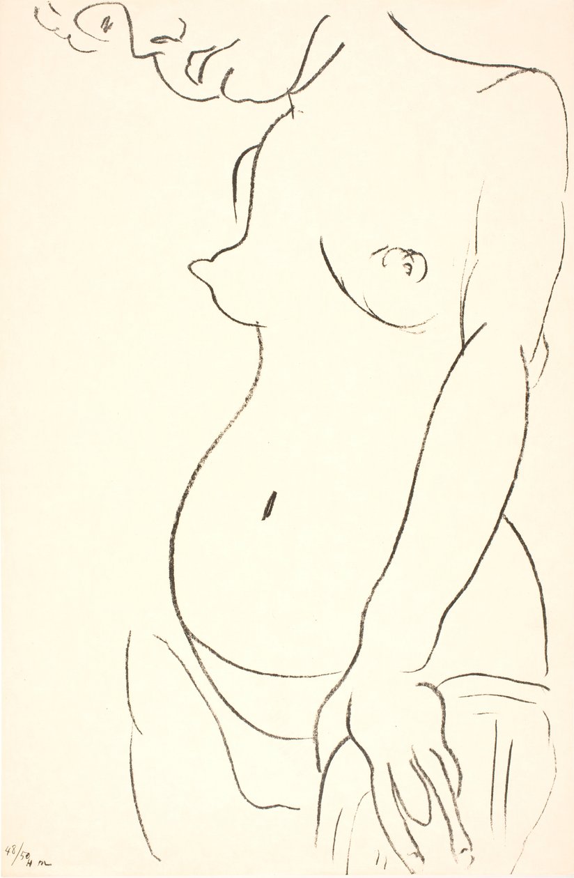 Naken kvinne i halvfigur, trekvart profil mot venstre. Den øverste delen av hodet er beskåret av Henri Matisse