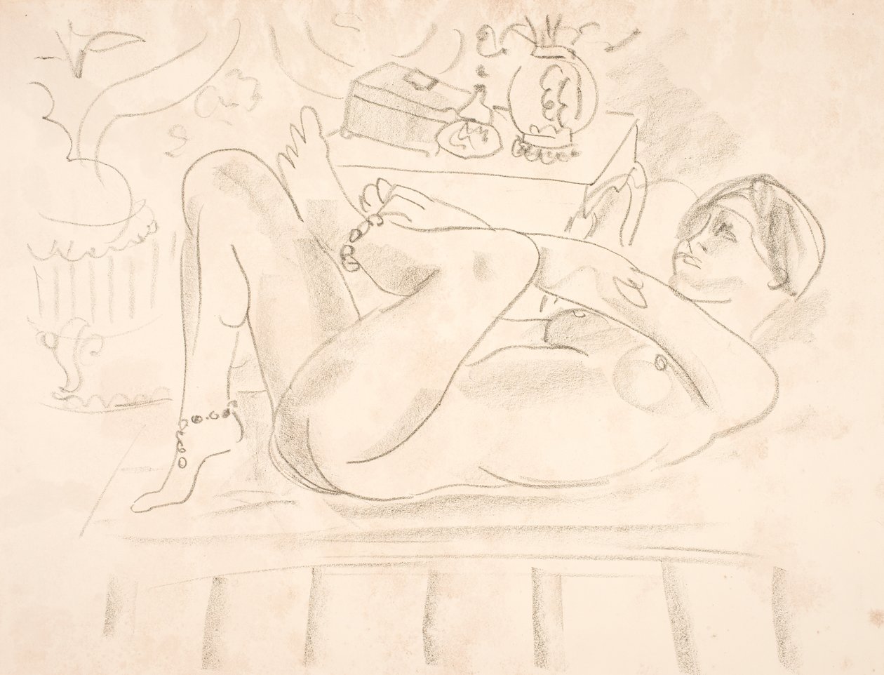 Naken kvinne, liggende på ryggen med perlekjeder rundt anklene (odaliske) av Henri Matisse