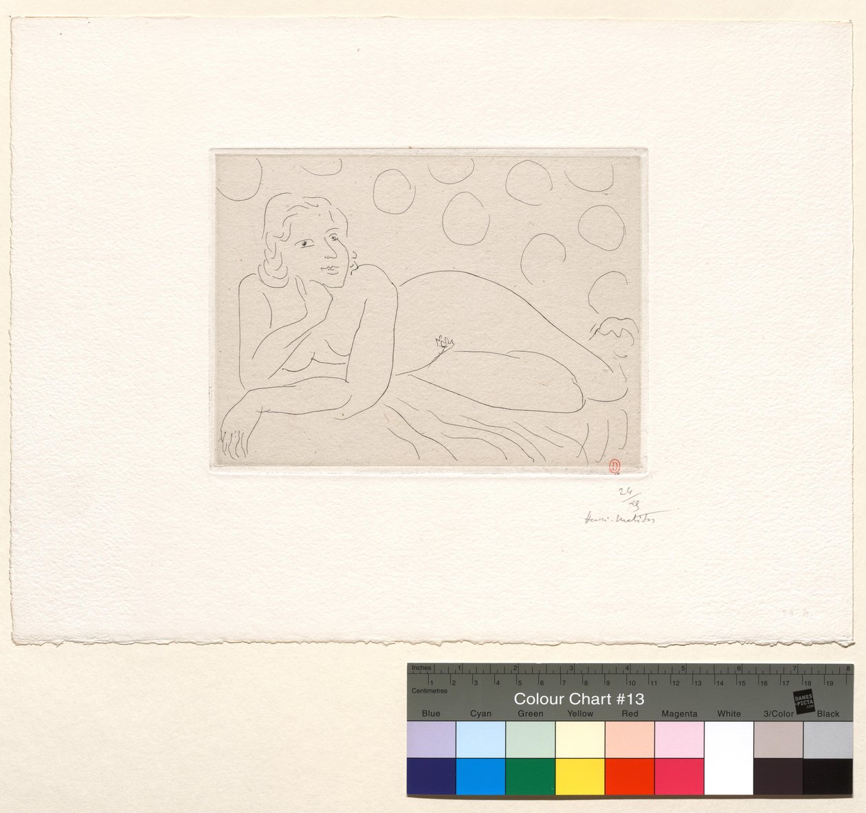 Liggende akt på bakgrunn med sirkulære mønstre av Henri Matisse