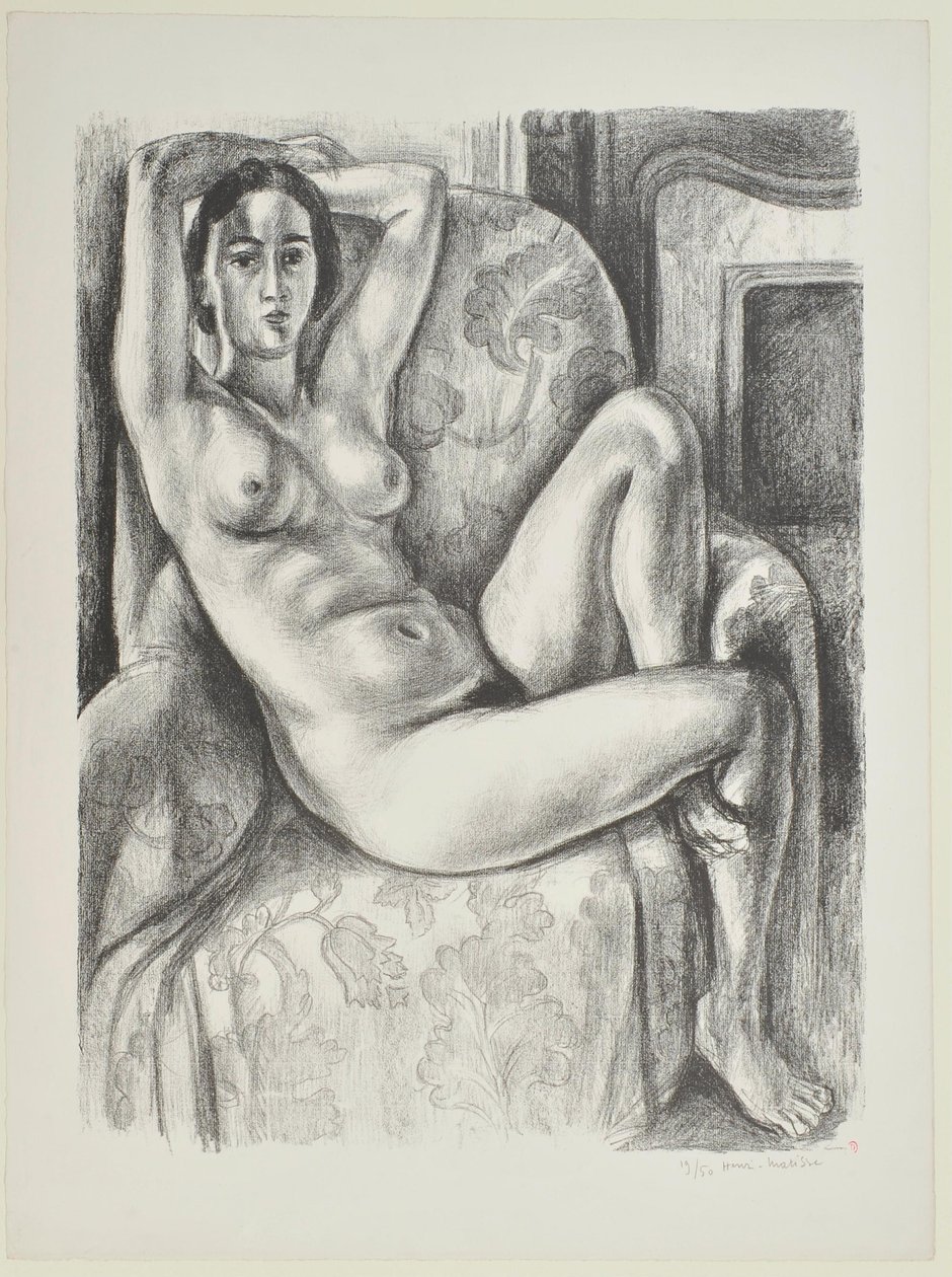 Akt med blå pute ved siden av en peis av Henri Matisse