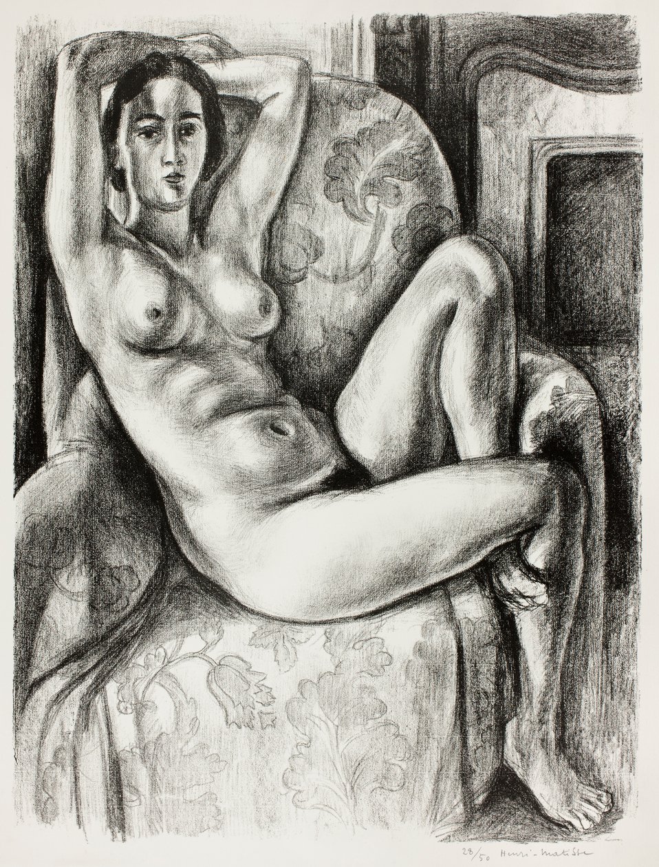 Nakenmodell med blå pute ved en peis av Henri Matisse