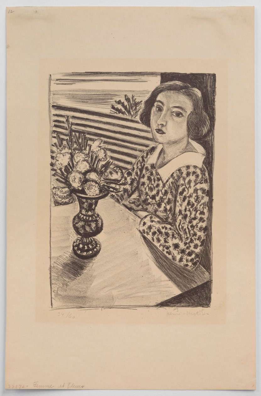 Sittende ung jente med en blomsterbukett av Henri Matisse