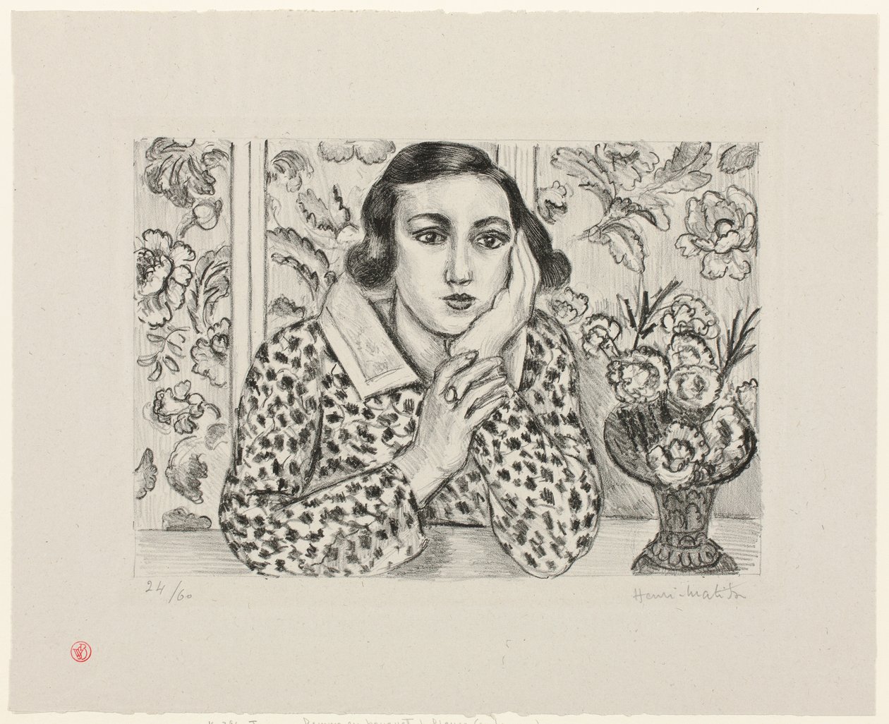 Ung jente som lener seg mot en blomstrende skjerm av Henri Matisse