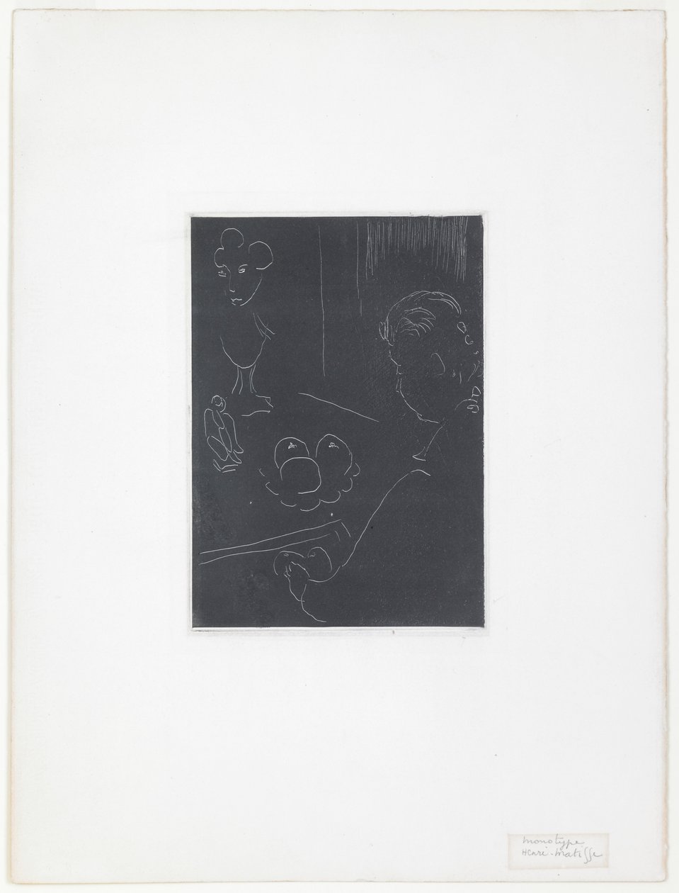 Ung kvinne i et interiør med frukt og skulpturer av Henri Matisse