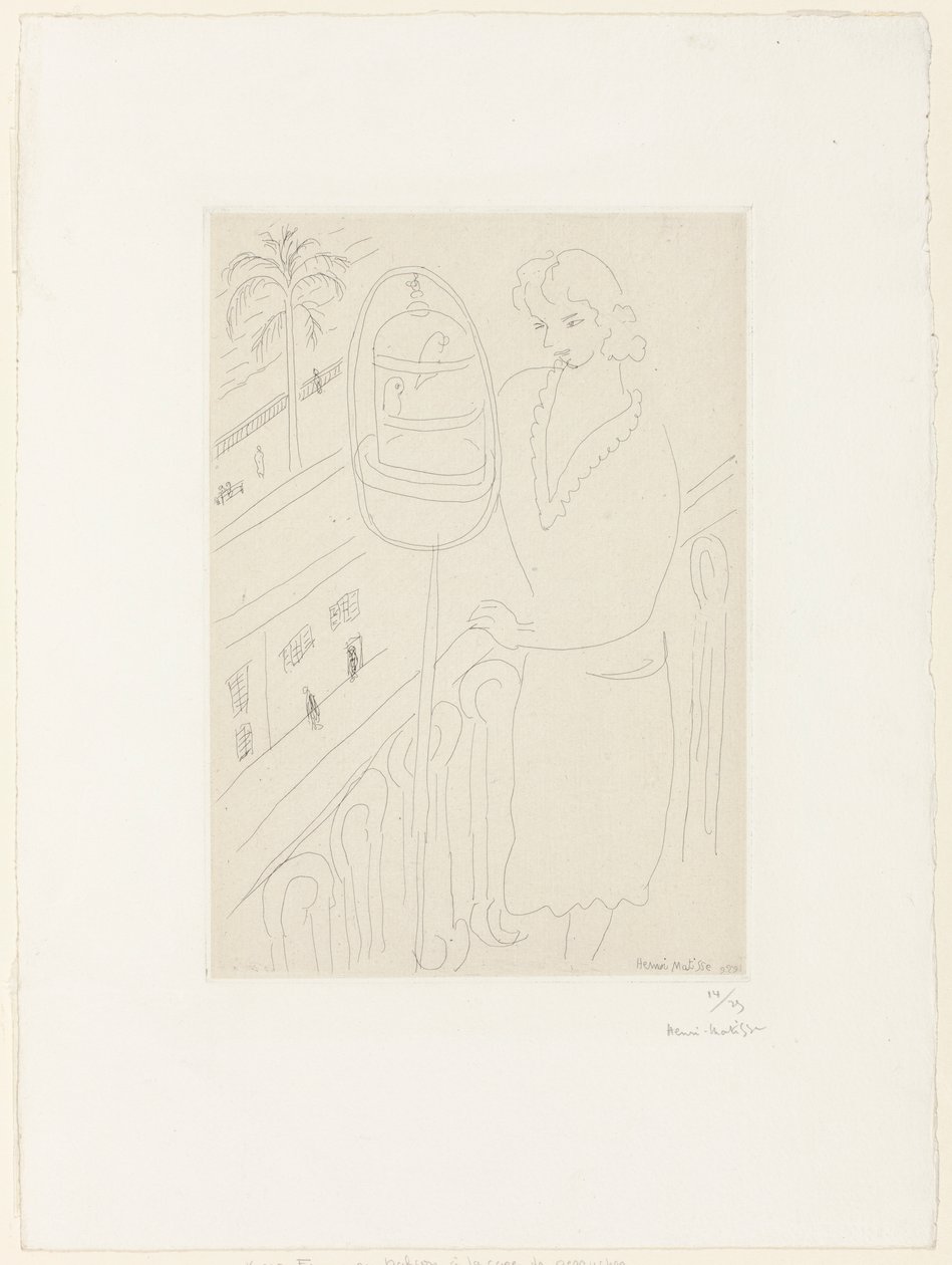 Ung kvinne på en balkong som ser på parakitter av Henri Matisse