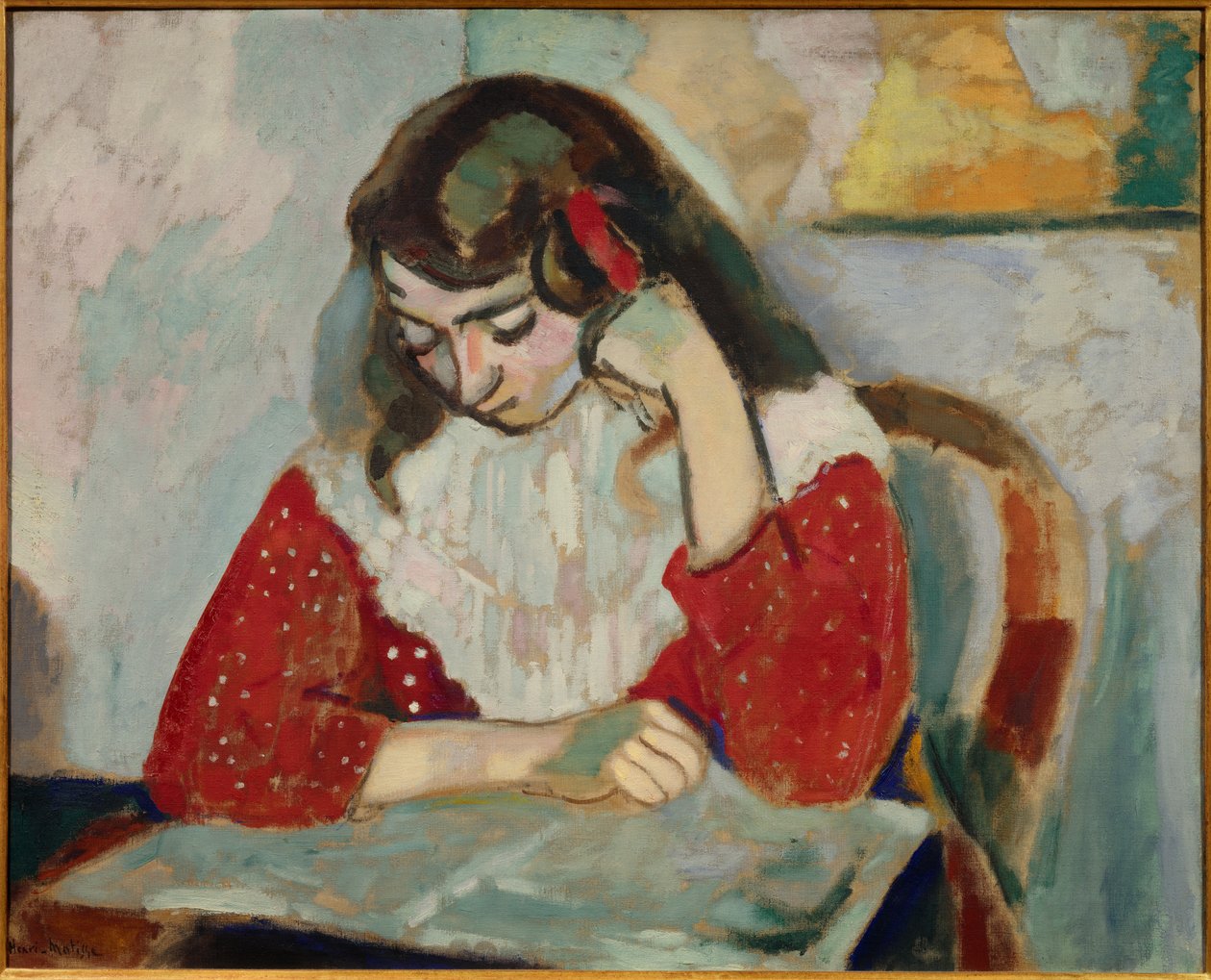 Marguerite leser 1906 (olje på lerret) av Henri Matisse
