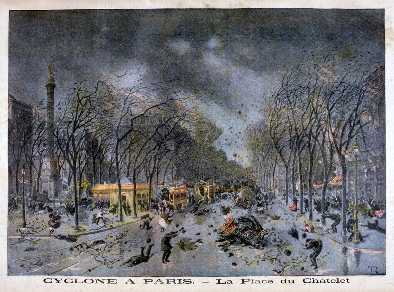 En syklon i Paris, Place du Châtelet, 1896 av Henri Meyer