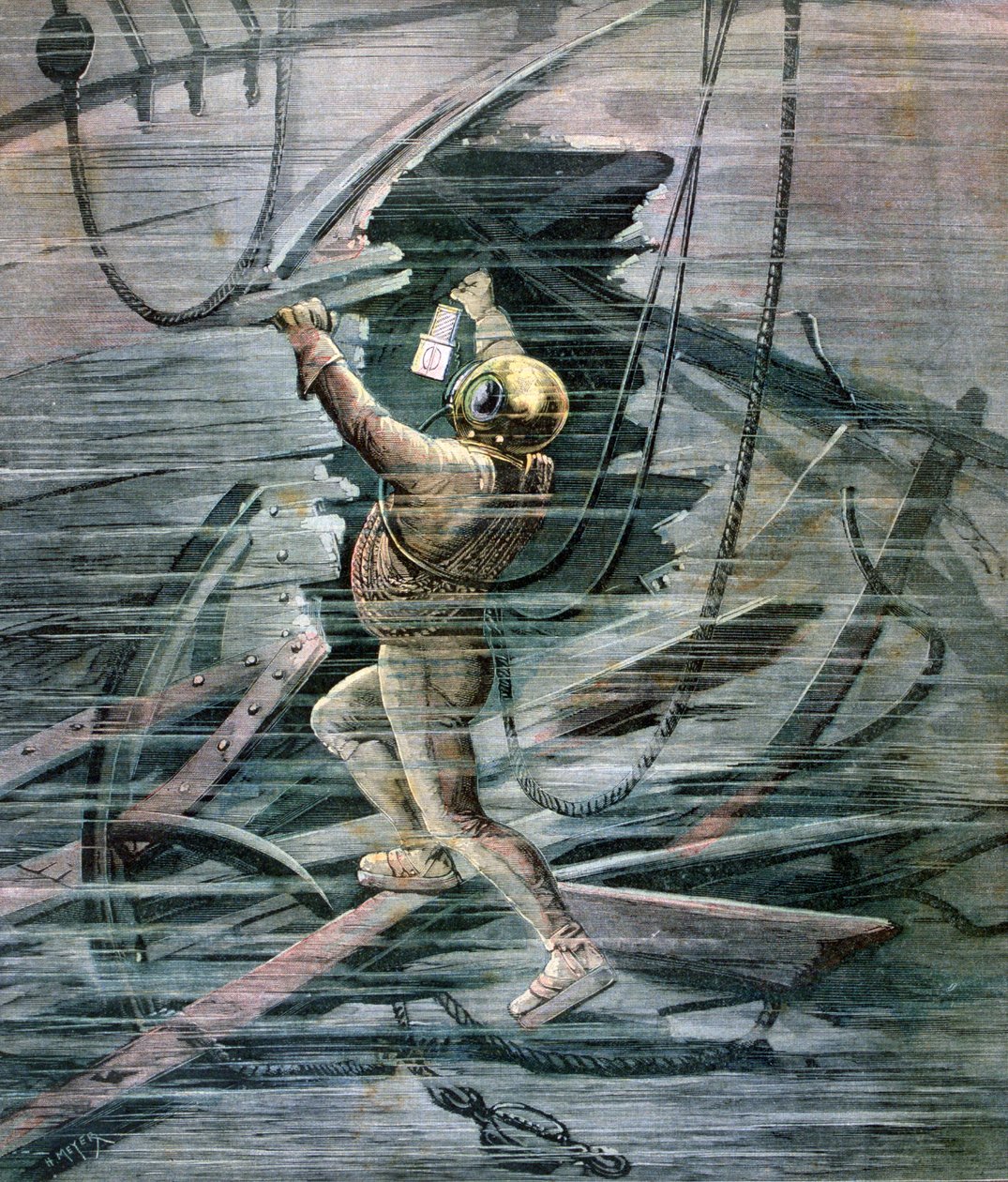 En dykker som søker etter et vrak i La Havre havn, Frankrike, 1892 av Henri Meyer
