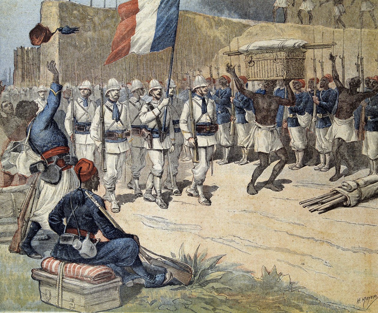 På Dahomey (nå Benin): oppføring av det franske flagget på Abomey - i "" Le Petit Journal"" av 10/12/1892 av Henri Meyer