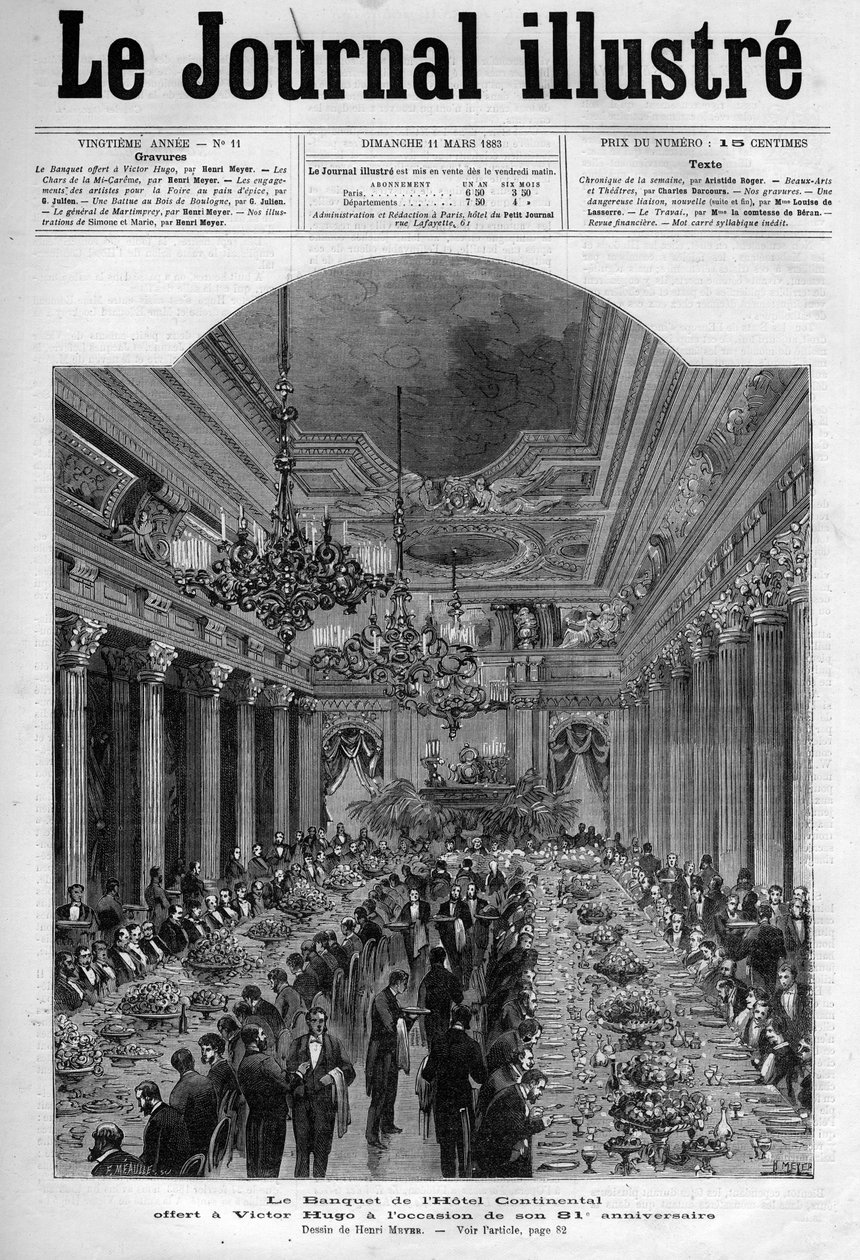 Bankett tilbudt Victor Hugo på Hotel Continental til hans 81-årsdag i 1883 - Forside til "" The Illustrous Journal"" fra 1883 - Tegning av Henri Meyer (1844-1899) av Henri Meyer
