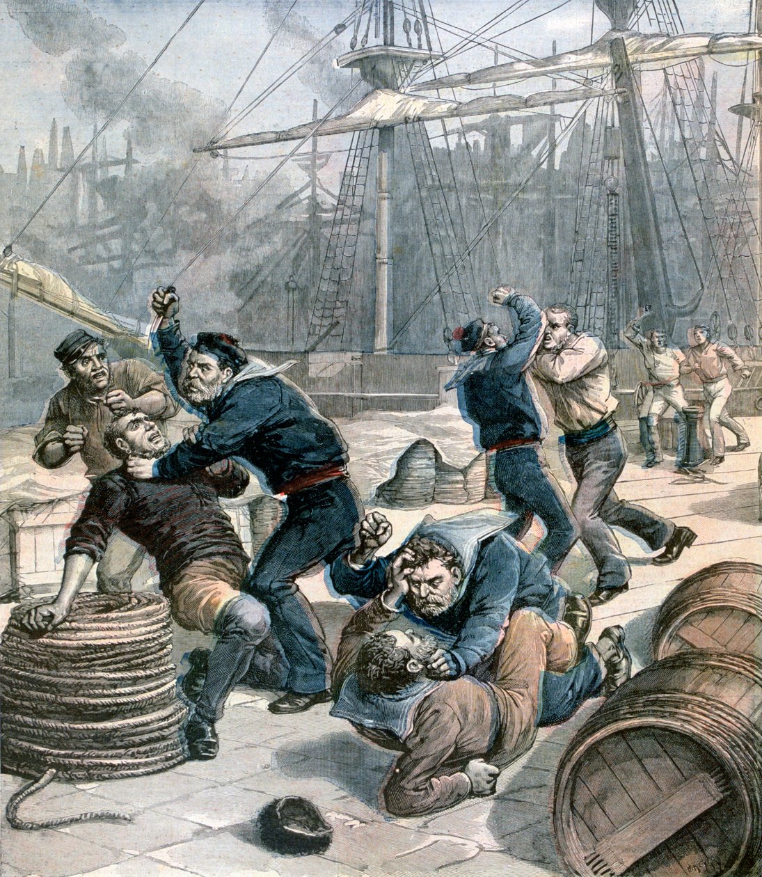 Bråk mellom engelske og tyske sjømenn ved Millwall Docks, London, 1892 av Henri Meyer