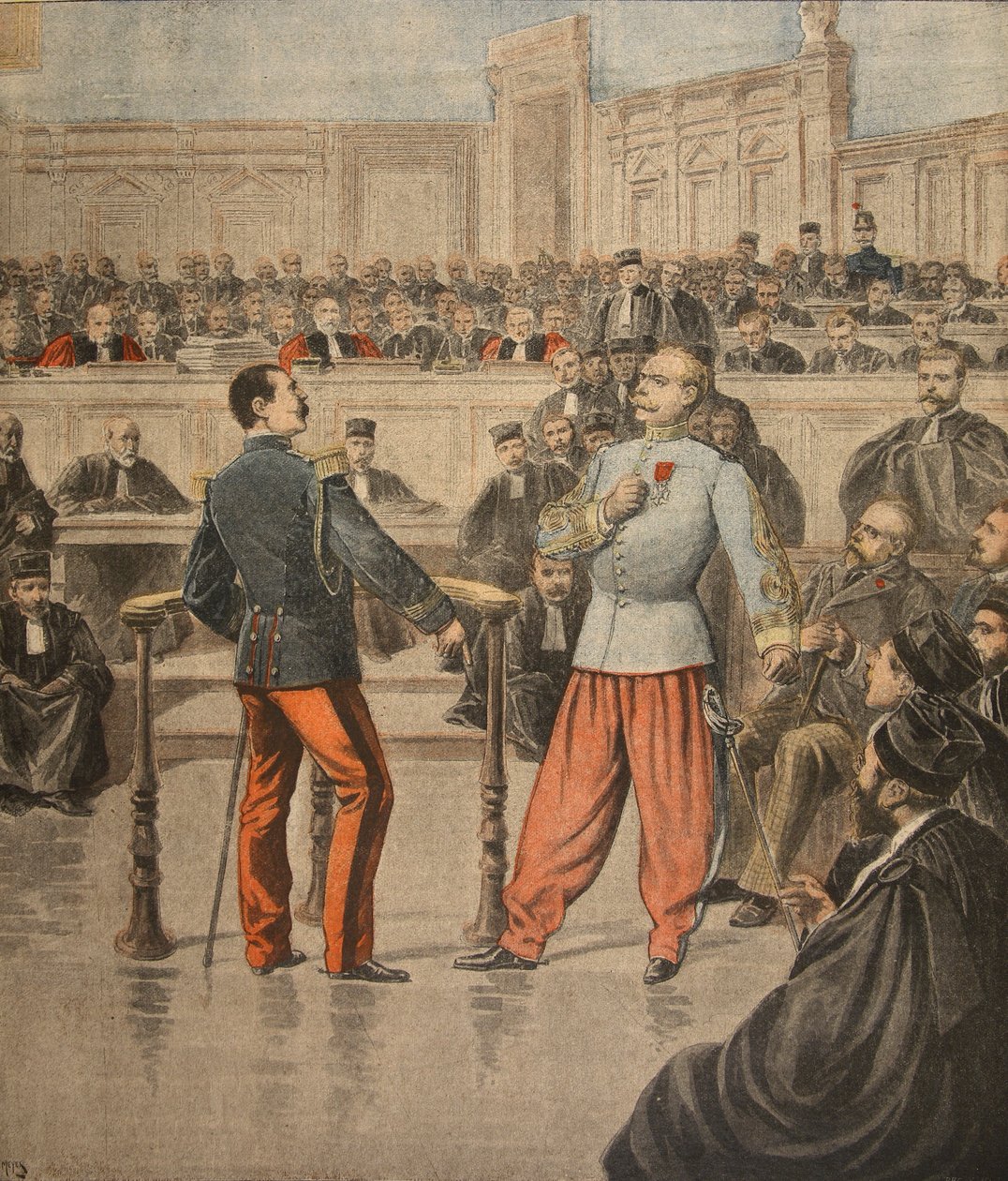 Oberst Henry og oberstløytnant Picquart taler for Court of Assisses, illustrasjon fra 