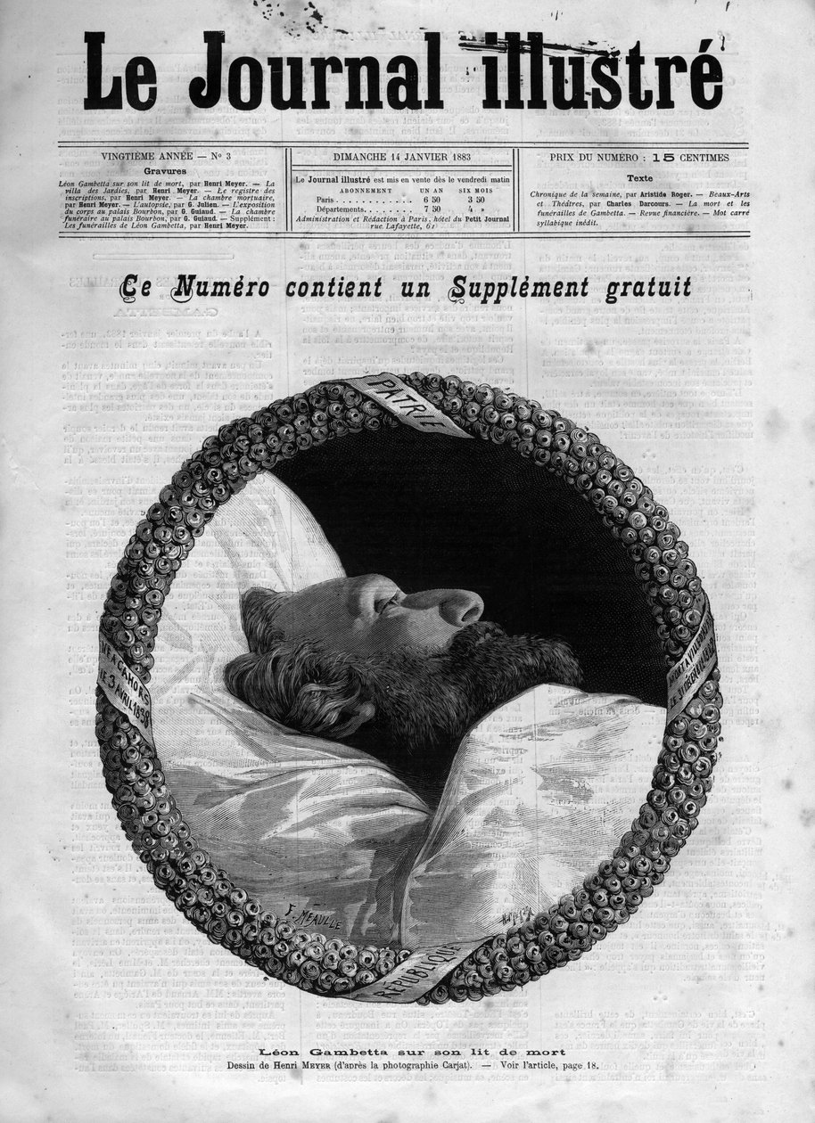 Leon Gambettas død (1838-1882) Fransk politiker - Leon Gambetta på dødsleie i "The Illustrous Journal" fra 1883 - Tegning av Henri Meyer (1844-1899) av Henri Meyer