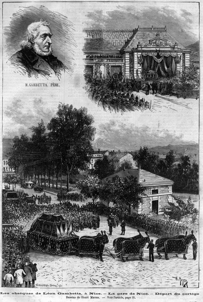Leon Gambettas død (1838-1882) Fransk politiker - Begravelsen til Leon Gambetta i Nice - Nice togstasjon - avgang fra prosesjonen - i "" Le journal illustrious"" fra 1883 - Tegning av Henri Meyer (1844-1899) av Henri Meyer