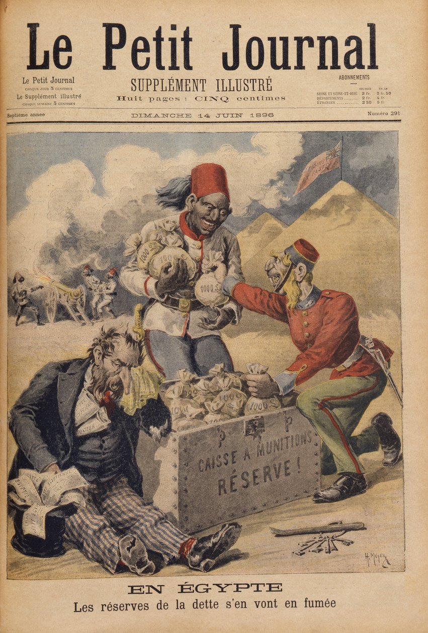 Egypt: The Reserves of the Debt Going Up in Smoke, illustrasjon fra Le Petit Journal, 14. juni 1896 av Henri Meyer