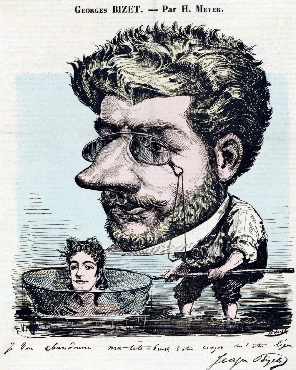 Georges Bizet (1838-1875), French composer - Caricature, with an autograph by Bizet, by Henri Meyer dit Reyem (1844-1899) for “” Diogene”” av Henri Meyer
