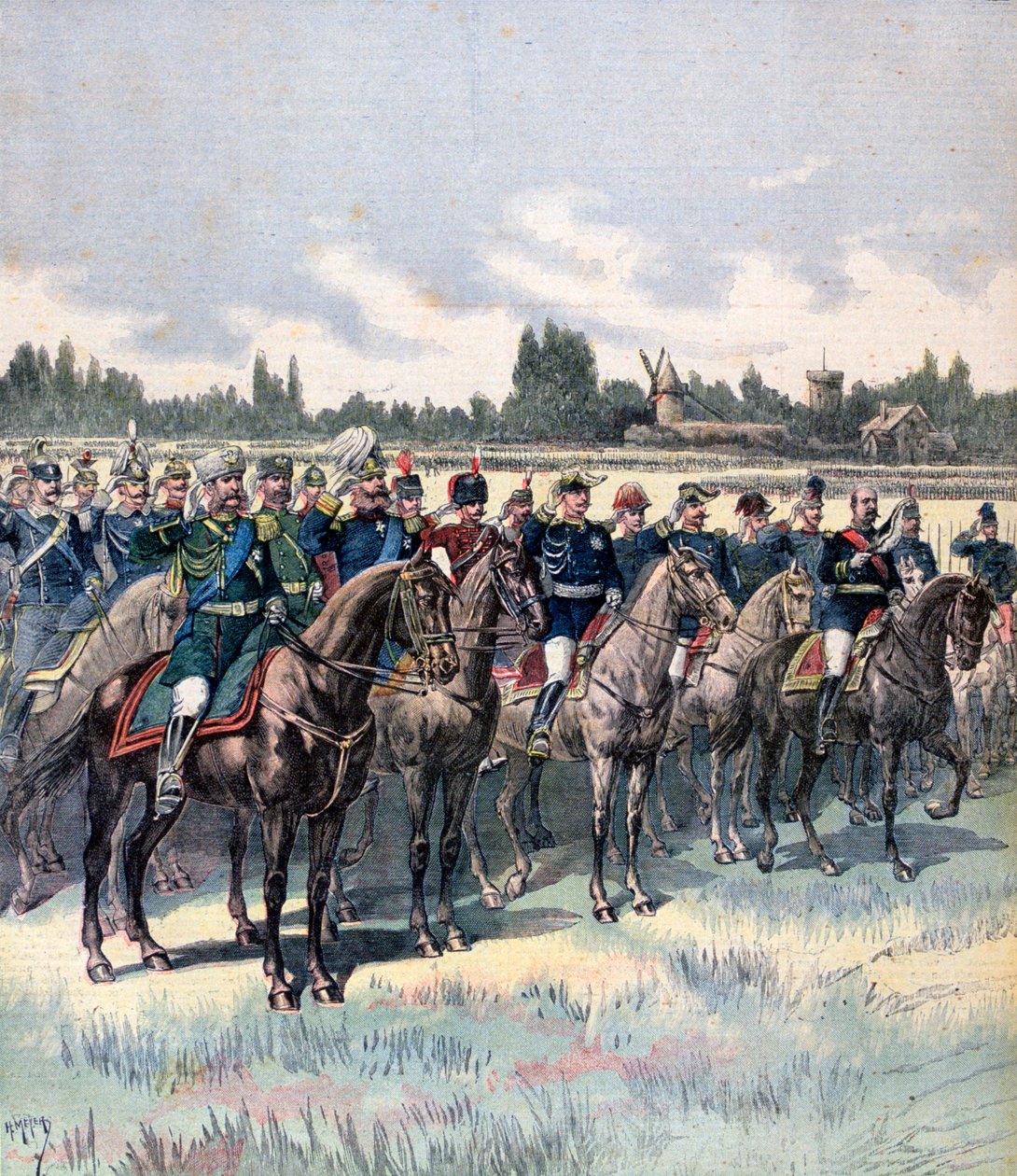 Militær gjennomgang med general Saussier og utenlandske militærattachéer, 14. juli 1891. av Henri Meyer