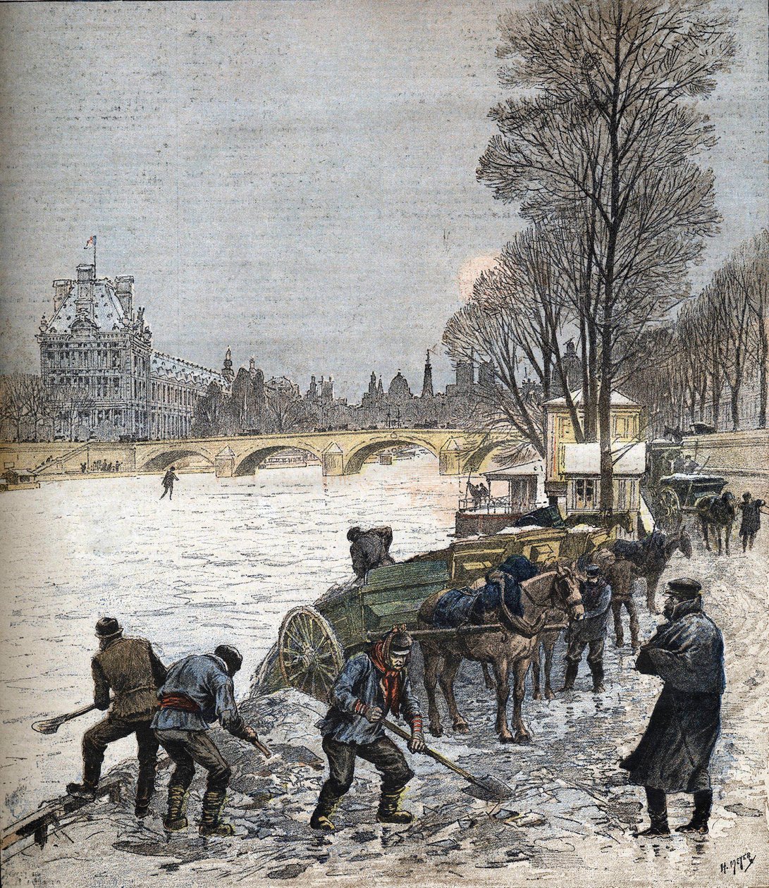 Paris under snøen i 1895 Liten avis fra 1895 (gravering) av Henri Meyer