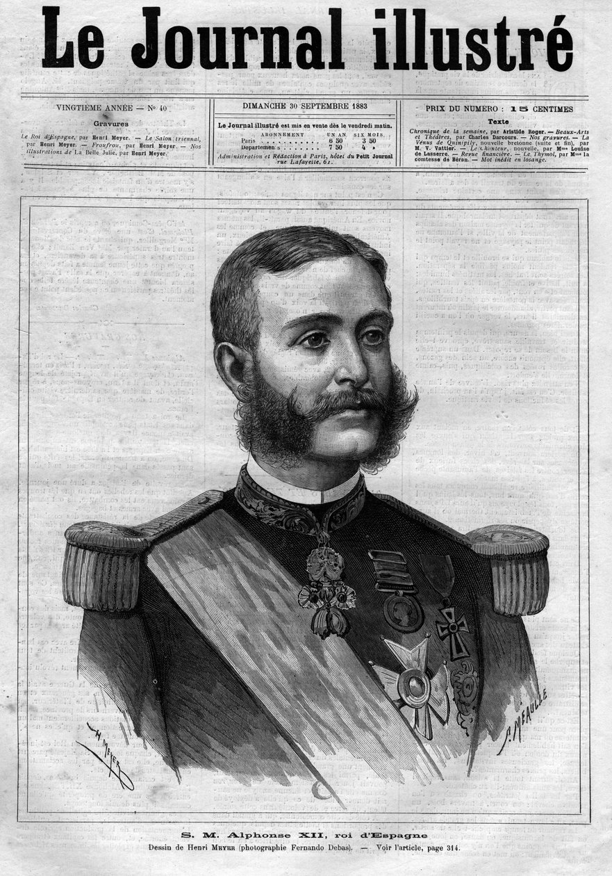 Portrett av Alfonso XII av Spania (Alfons XII) (1857-1885), konge av Spania - Forside til "The Illustrous Diary" fra 1883 - Tegning av Henri Meyer (1844-1899) av Henri Meyer