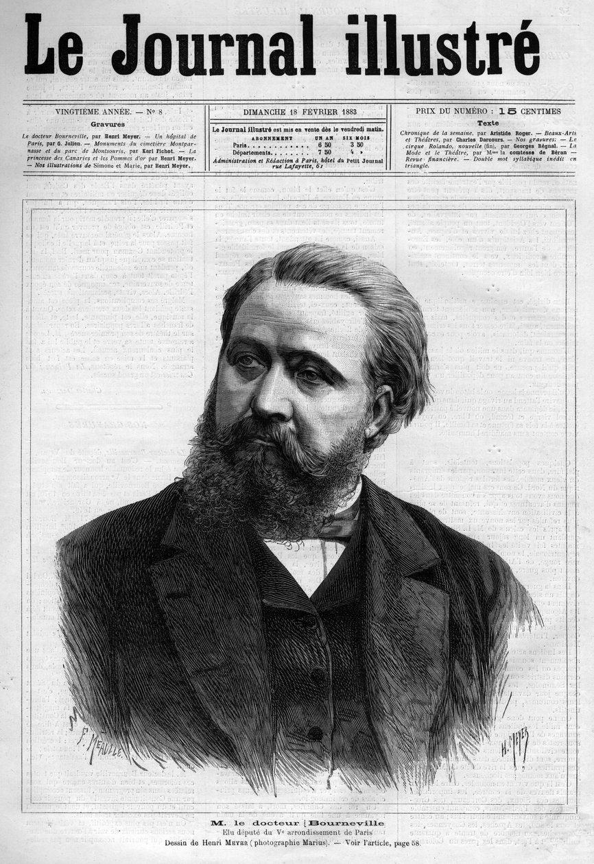 Portrett av Desire Magloire Bourneville (1840-1909), fransk legenevrolog - Forside til "" Le journal illustrious"" fra 1883 - Tegning av Henri Meyer (1844-1899) av Henri Meyer
