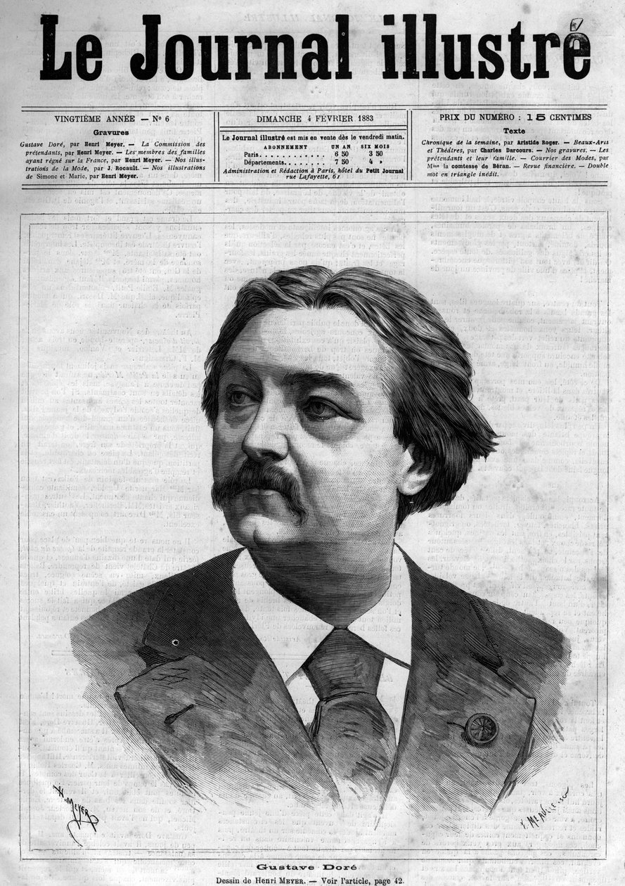 Portrett av Gustave Dore (1832-1883), fransk maler og tegneserieskaper - Forside til "The Illustrious Journal" fra 1883 - Tegning av Henri Meyer (1844-1899) av Henri Meyer