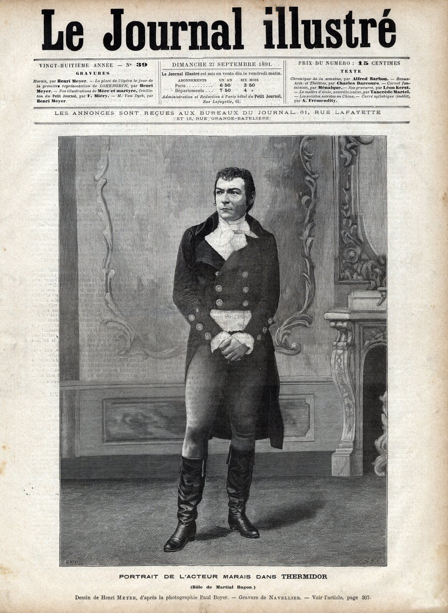 Portrait of Leon Marais (1853-1891) in “Thermidor”” by Victorian Sardou in the role of Martial Hugon - Drawing by Henri Meyer, Engraving by Navellier in “The Illustrous Diary”” of 1891 av Henri Meyer