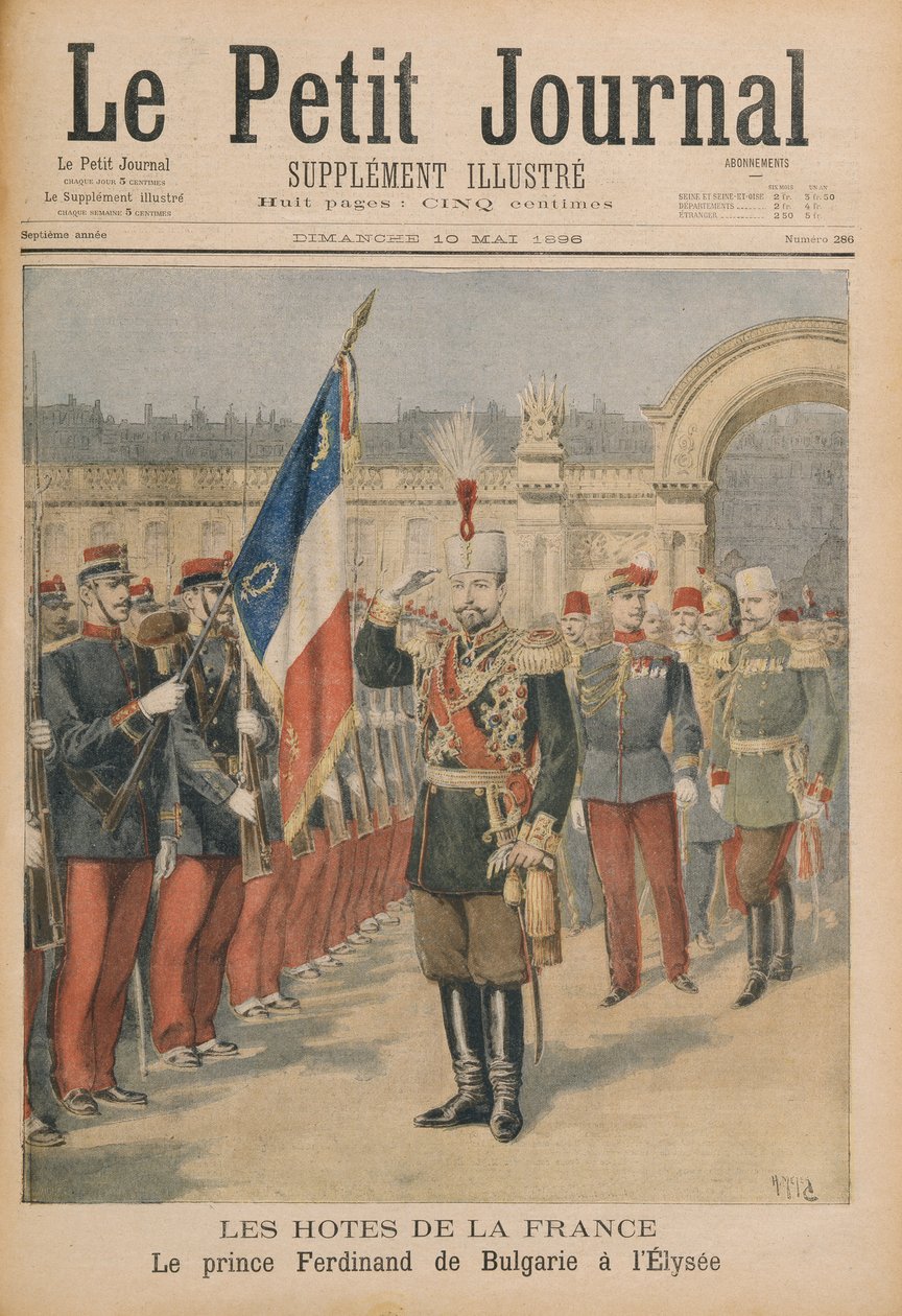 Prins Ferdinand (1861-1948) av Bulgaria ved Elysee-palasset, illustrasjon fra Le Petit Journal, 10. mai 1896 (fargegravering) av Henri Meyer