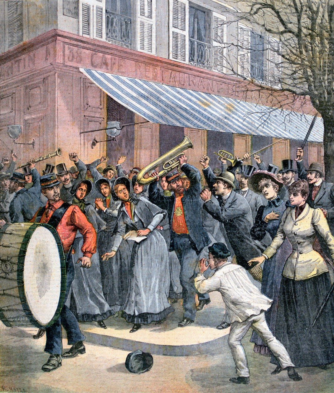Frelsesarmeens marsj ledet av en trommeslager som ble brakkert av tilskuere i Paris, 1892 av Henri Meyer