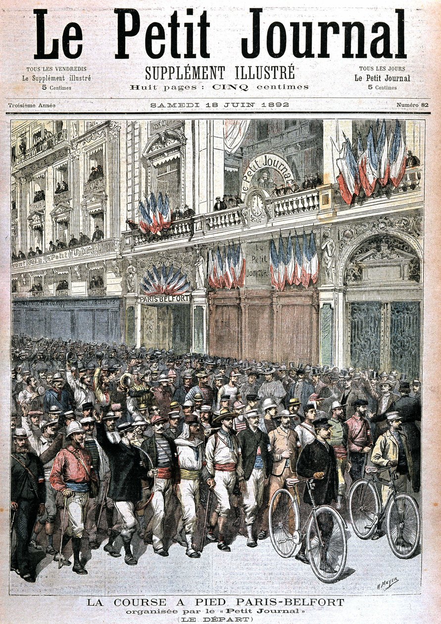Start av folkemengden som deltar i Paris - Belfort-løpet organisert av PetitJournal - i "" Le petit journal""" av 18.06.1892. av Henri Meyer