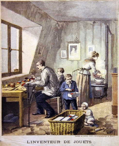 The Toy Inventor, slutten av det nittende århundre (chromo litho) av Henri Meyer
