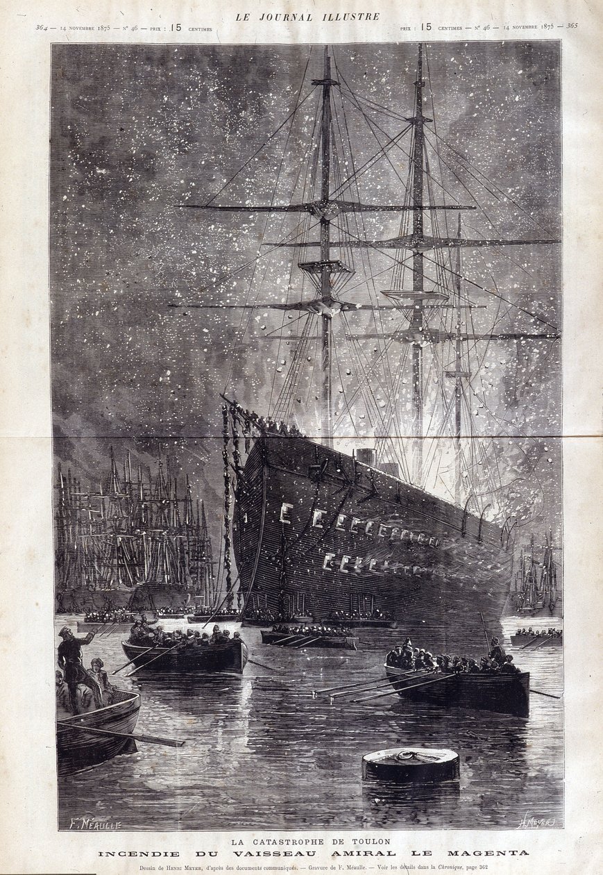 Katastrofen i Toulon: brannen fra flaggskipet "" Le Magenta"" - i "" Le Journal Illustrousse"" 1875 av Henri Meyer