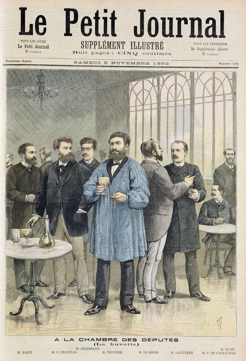 Tittelside som viser baren i Deputerthuset, illustrasjon fra det illustrerte tillegget til Le Petit Journal, 5. november av Henri Meyer
