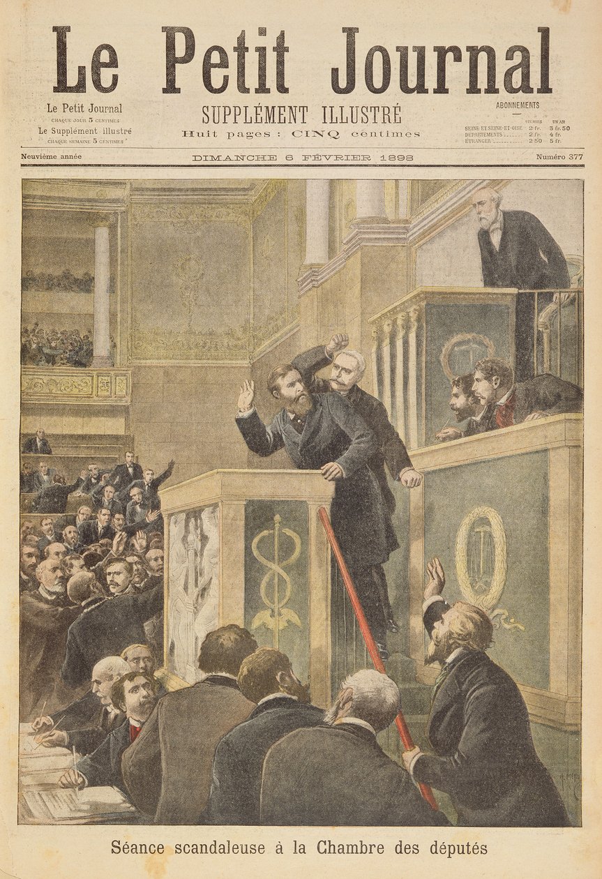 Tittelside som viser det skandaløse møtet i Deputerthuset: Jean Jaures angrepet av Bernis under en debatt om Dreyfus-affæren, illustrasjon fra det illustrerte tillegget til Le Petit Jou av Henri Meyer