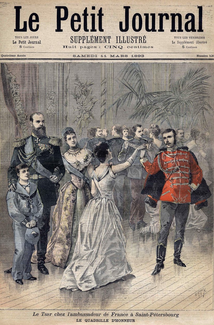 Tsar Alexander III hos Frankrikes ambassadør Greven av Montebello i St. Petersburg i 1893. Æres rutenett. Forside til Le Petit Journal 1893 (gravering) av Henri Meyer