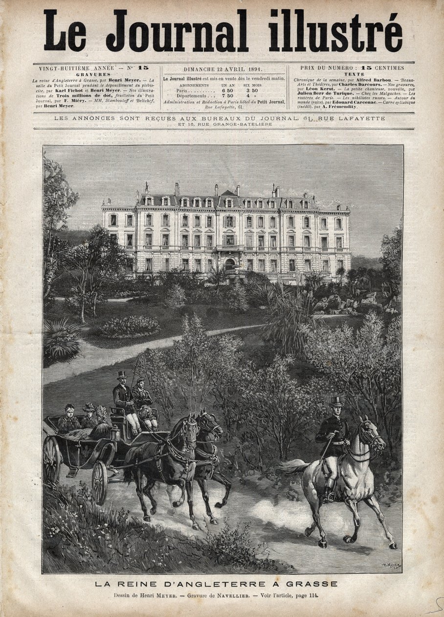 Victoria, dronningen av England i Frankrike i april 1891: A Walk in Grasse - Queen Victoria a Grasse i Frankrike i april 1891 - Forside til "The Illustrous Journal" fra 1891 - Tegning av Henri Meyer (1844-1899) av Henri Meyer