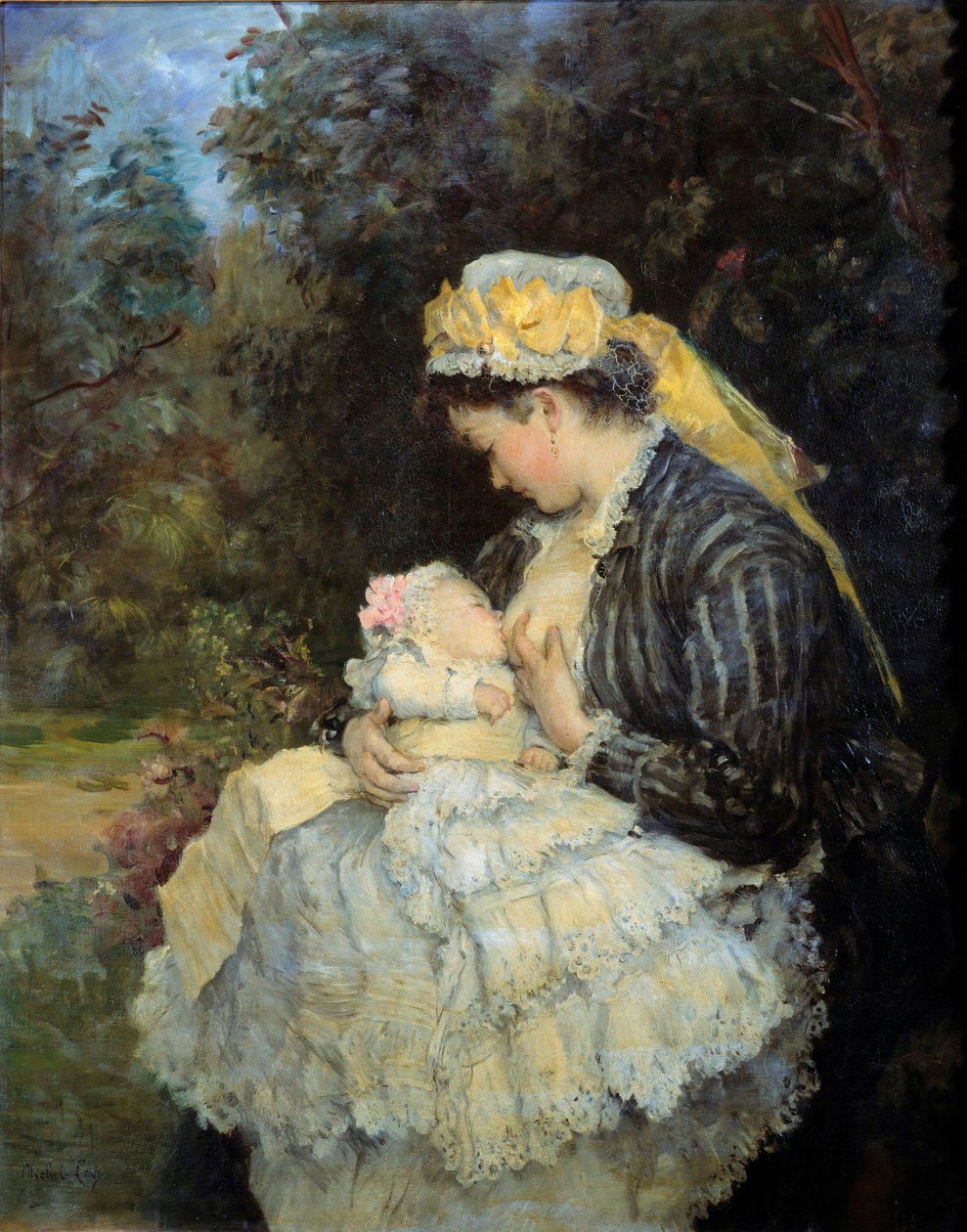 Sykepleier som ammer en baby Maleri av Henri Michel Levy (1844-1914). av Henri Michel Levy
