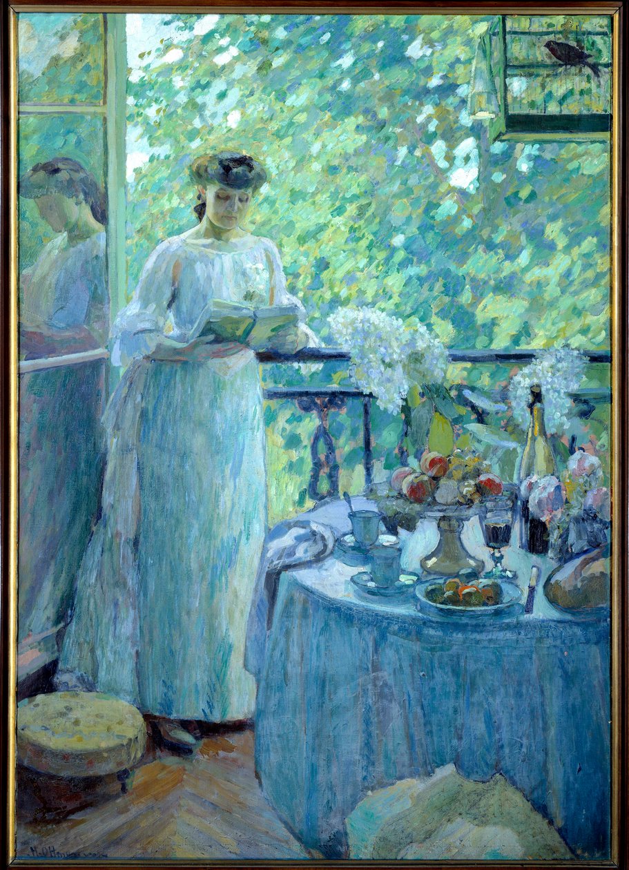 Madame O. på balkongen En ung kvinne leser en bok i et borgerlig interiør, bordet serveres til frokost. Maleri av Henry Ottmann av Henri Ottmann
