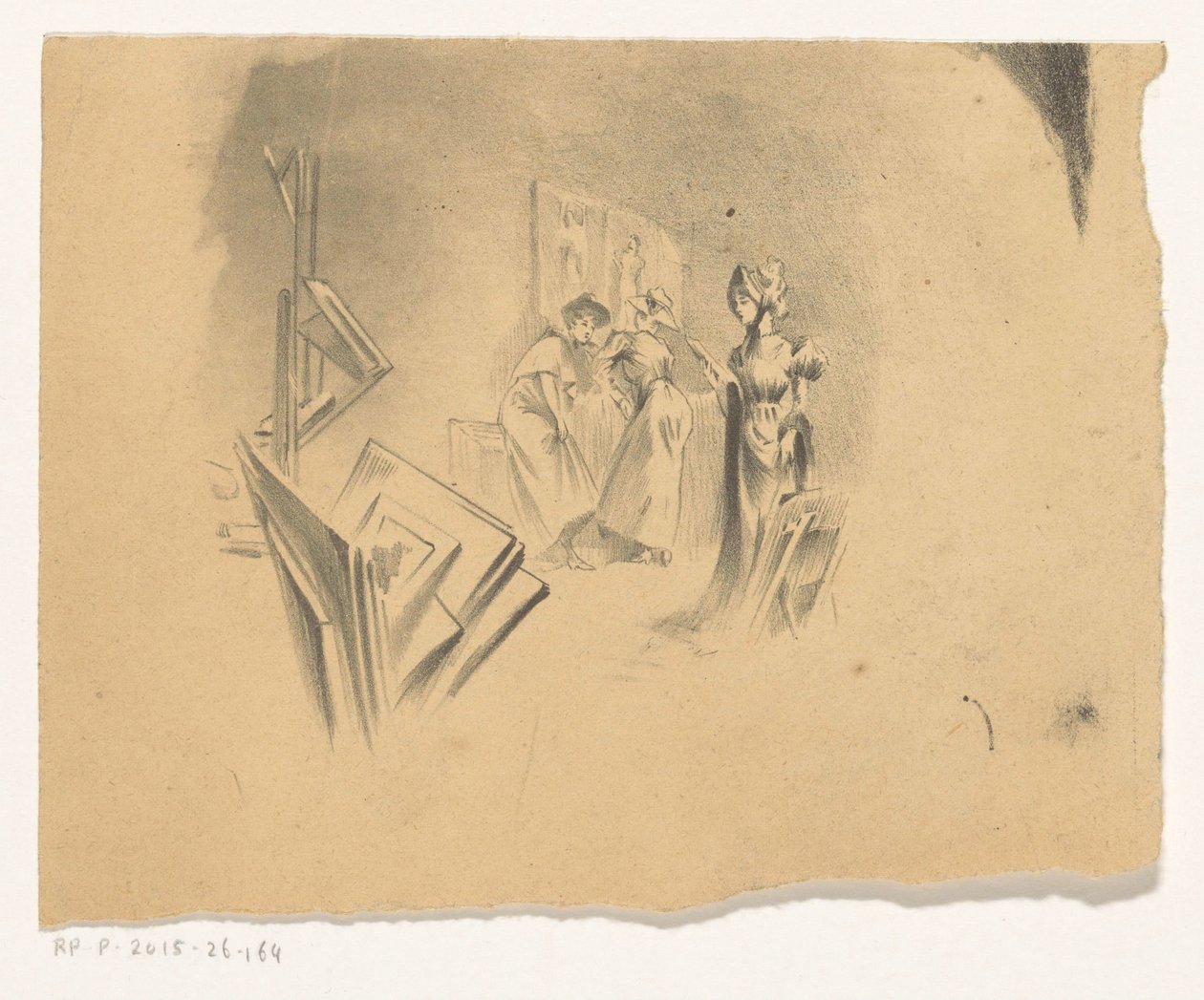 Tre kvinner ser på trykk i et studio av Henri Patrice Dillon (possibly)