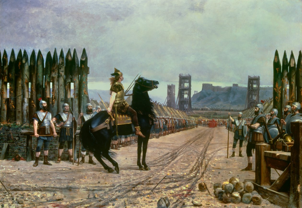 Gallisk leder Vercingetorix (72-46 f.Kr.) overga seg til romersk sjef Jules Cesar (100-44 f.Kr.) etter slaget ved Alesia i 52 f.Kr. Maleri av Henri Motte (1846-1922) 1886 - Le Puy en Velay, musee Crozatier - The Gallic høvding Vercingetorix (72-46 f.Kr.) o av Henri Paul Motte