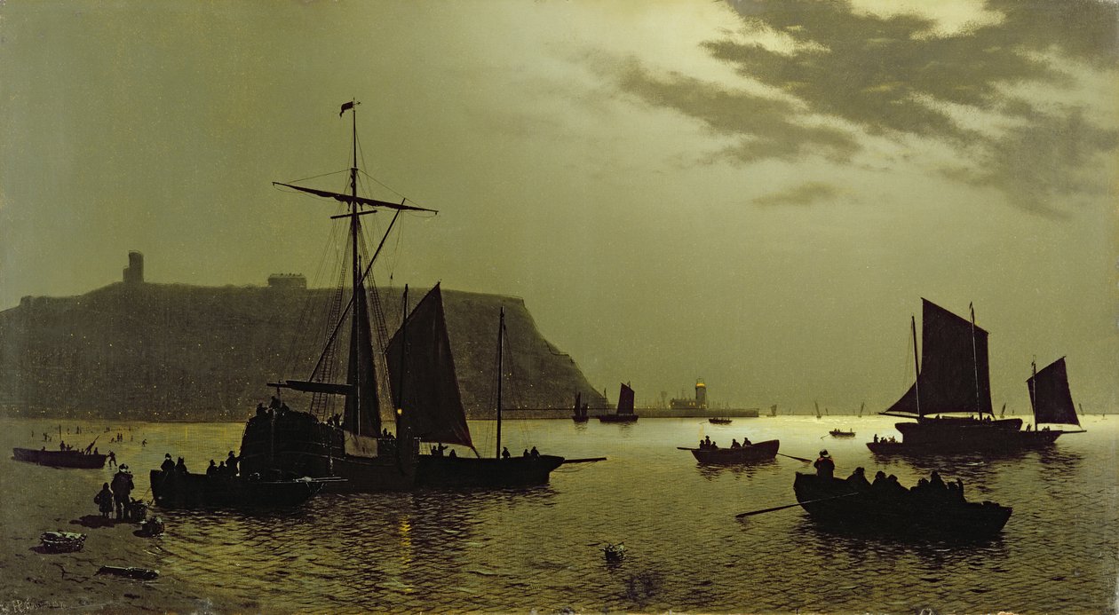 Scarborough Castle Hill and Harbor av Moonlight, 1876 av Henri Philippe Neumans