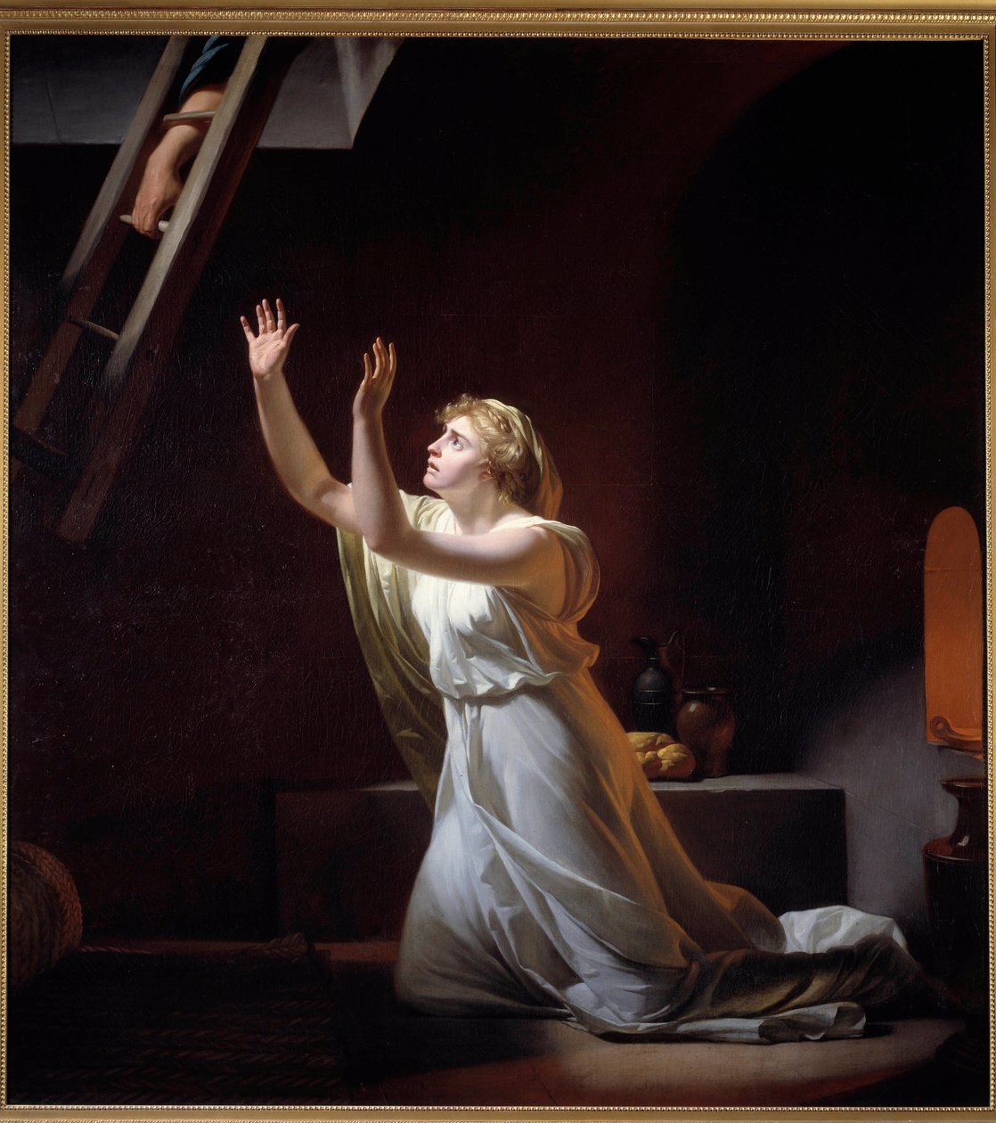 Torturen av en vestal. En vestal, en romersk pretress holdt til den kyskne, flyttet levende i en kjeller for sin krenkelse. Maleri av Henri Pierre Danloux (1753-1809) 1790 søn. 1,6x1,45 m - Torturen av en vestaljomfru. En vestal, romersk prestinne, vevde f av Henri Pierre Danloux