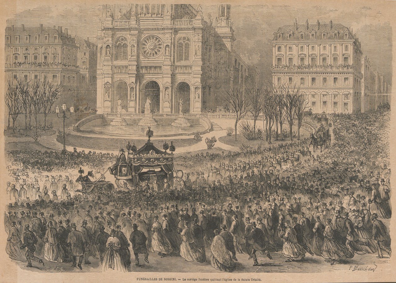 Begravelsen til Gioacchino Rossini. Begravelsesfølget forlater kirken, 1868. av Henri Pierre Léon Pharamond Blanchard